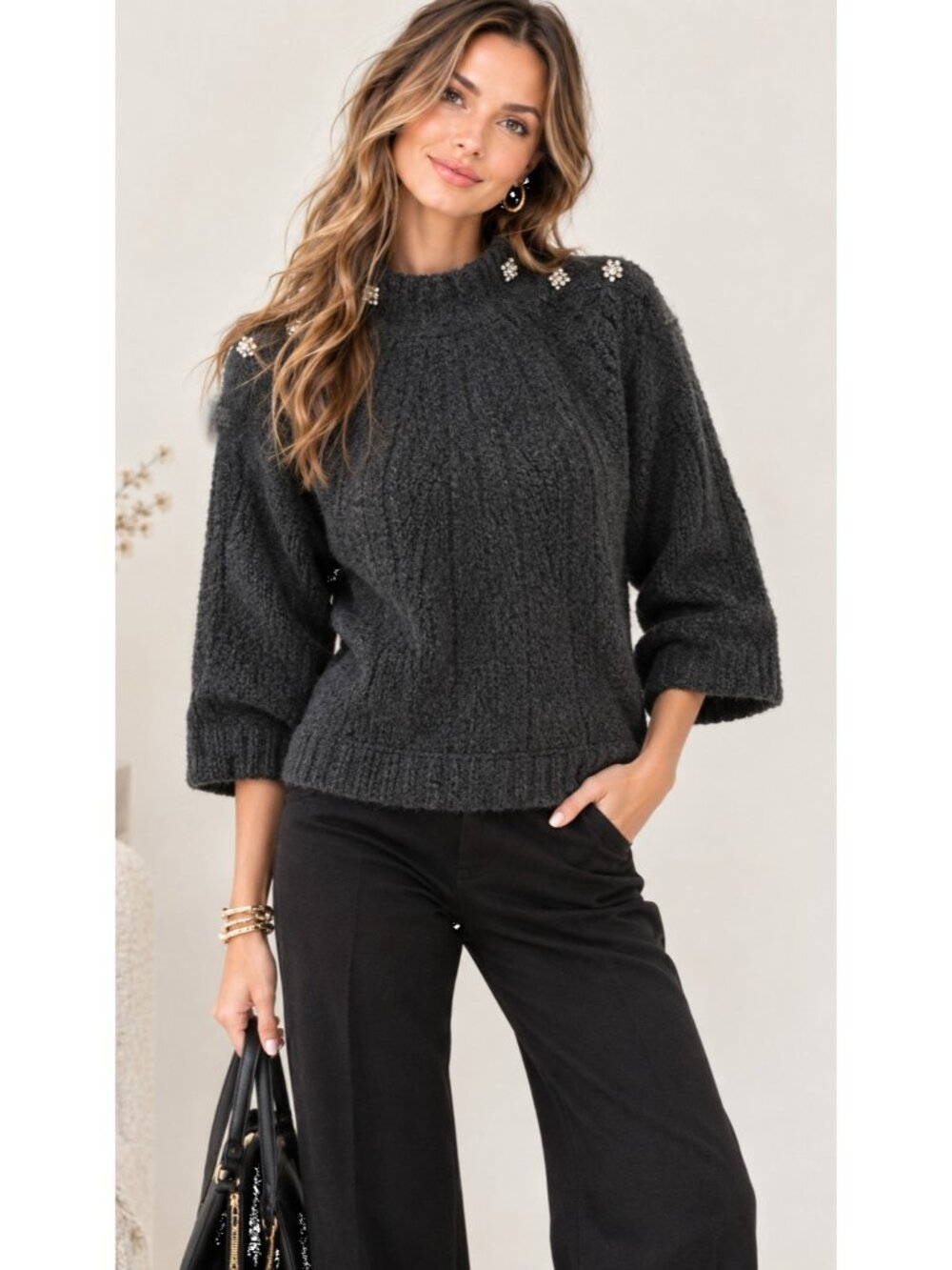 New BASH ba&sh Barthy Gray Carbone Wool blend Crystal Buttons Pullover Sweater